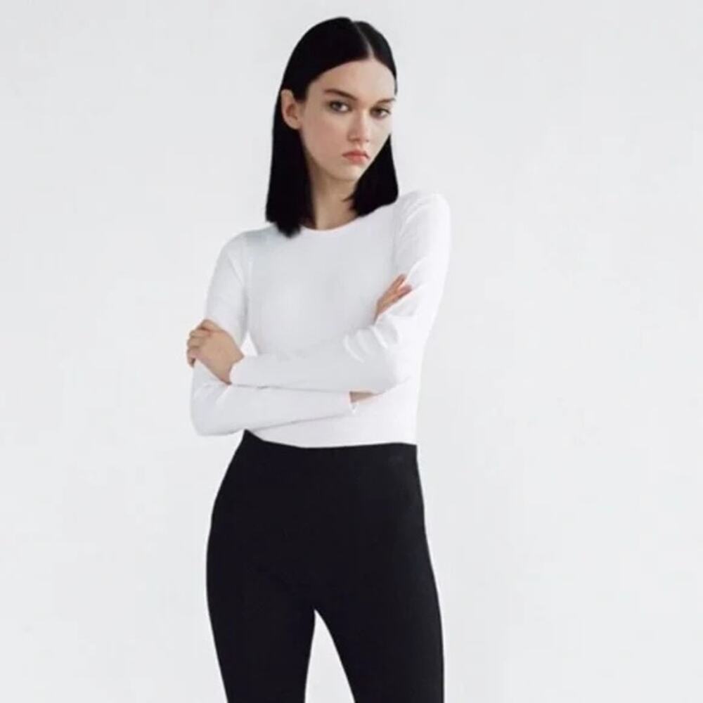 Zara White Ribbed Long Sleeve Crew Neck Bodysuit Size Small
